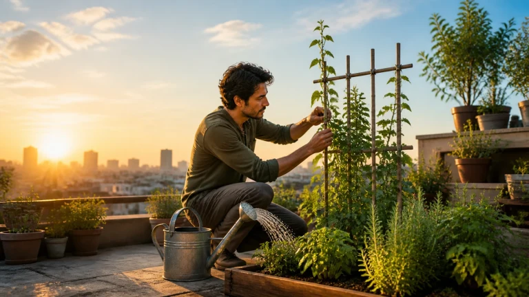 男子在夕阳城市屋顶菜园整理攀爬植物