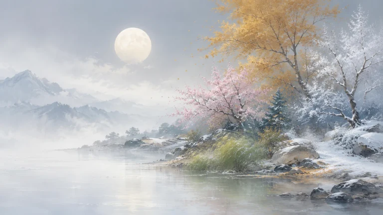 水彩月光照亮飘雪的山湖与岸边花树