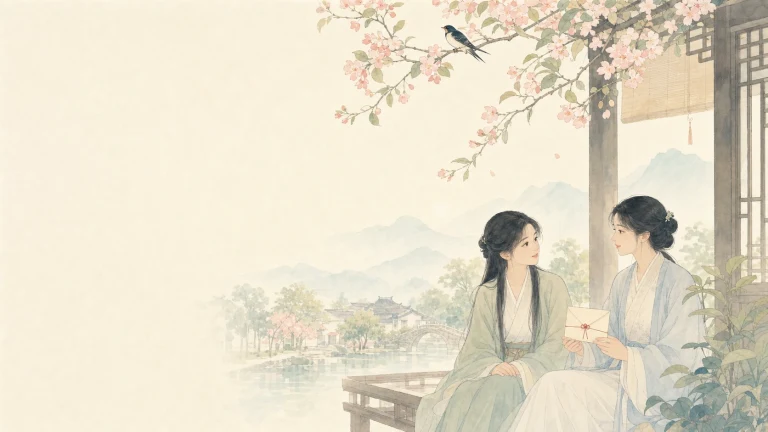 水彩画中两名古装女子坐在花树亭台下交谈