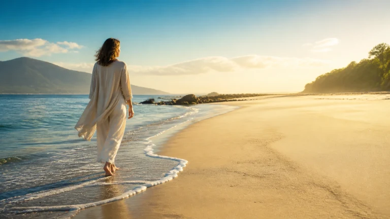 白衣女子赤脚走在夕阳映照的宁静海滩