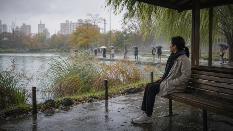 男子独自坐在雨中湖畔长椅眺望城市