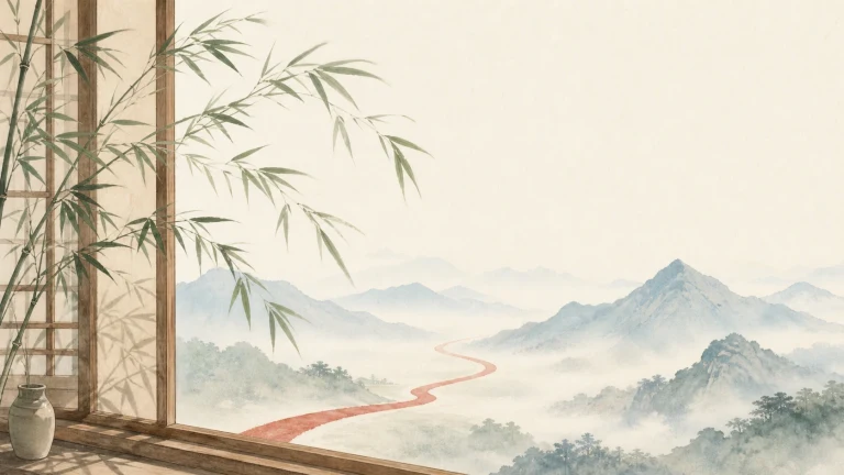 水彩竹窗外的红色小路蜿蜒伸向云雾群山
