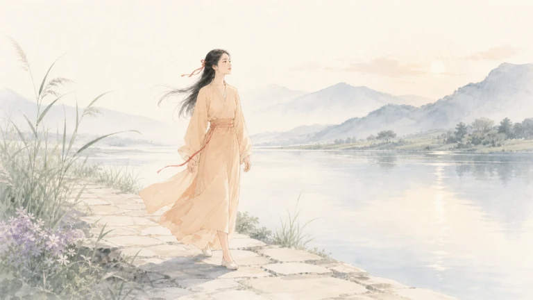 浅色长裙女子漫步在水彩湖畔石径