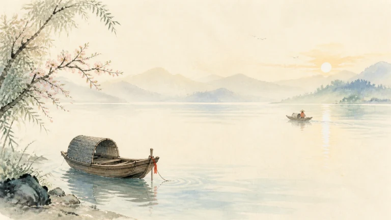 水彩木船停在晨雾湖岸，远处小舟驶向群山