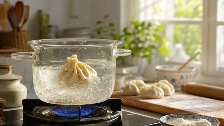 一只饺子在明亮厨房的玻璃锅中沸水翻滚