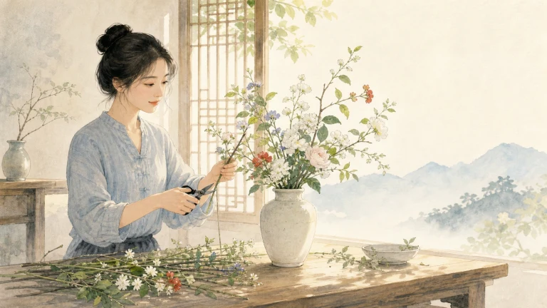 女子在水彩山景窗前修剪花枝并插入花瓶