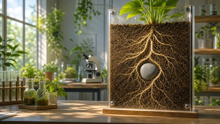 透明土壤展示箱中植物根系环绕一颗白色圆石