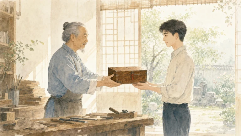 水彩老人把一个木盒递给年轻男子
