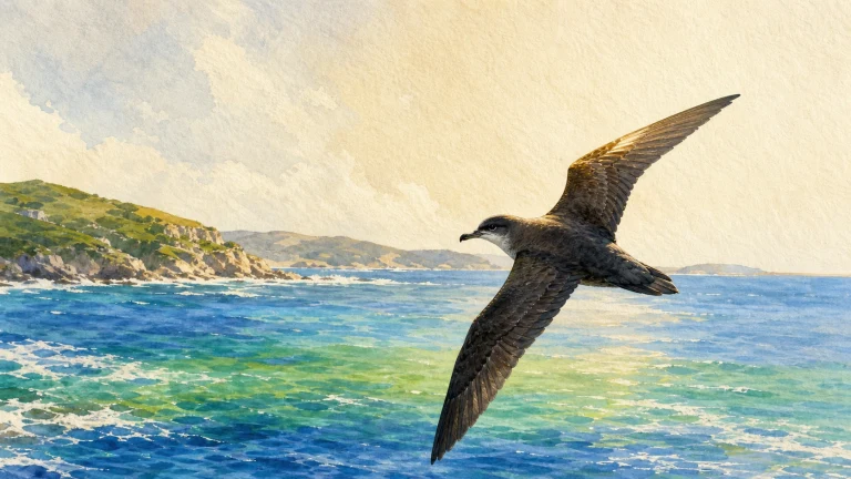 一只海鸟展翅掠过阳光下的蓝色海岸