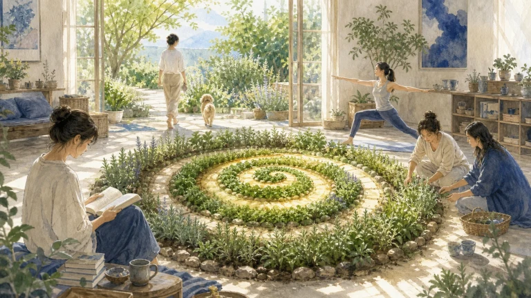几人在明亮工坊里围着螺旋形植物花坛劳作