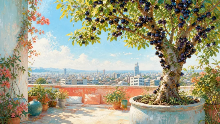 结满深色果实的盆栽树生长在城市景观露台