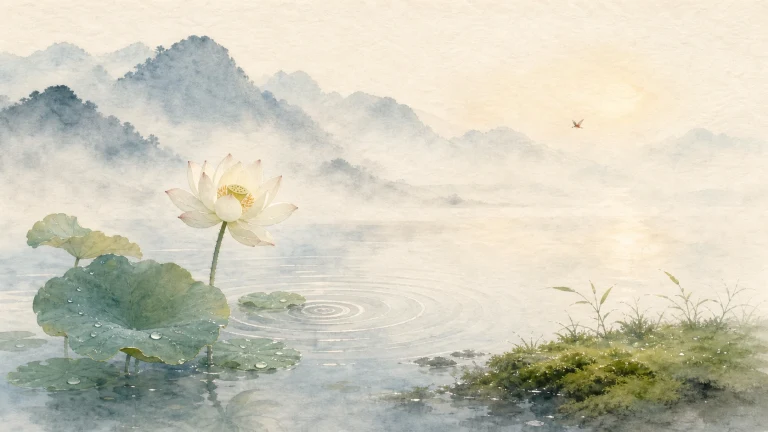 白色荷花在水墨雾山湖面上静静绽放