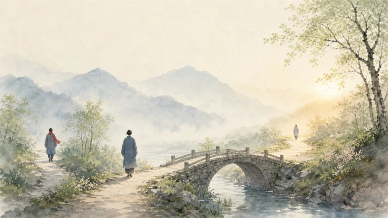 两名行人沿水彩石桥小路走向晨雾群山