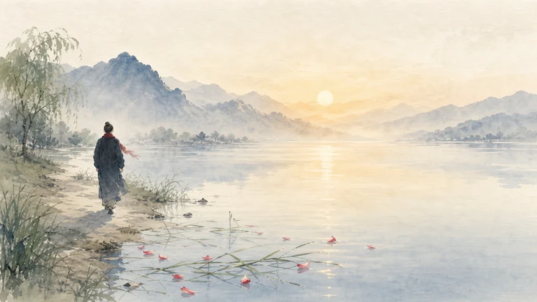 独行者沿水彩湖岸走向晨光群山