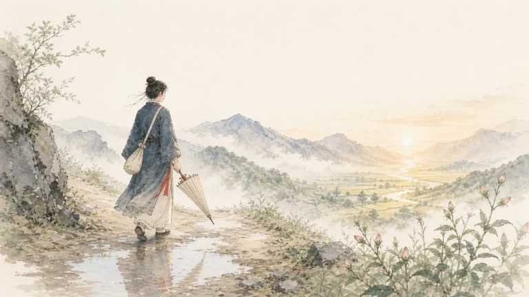 古装男子提着合拢的伞走在晨雾山径