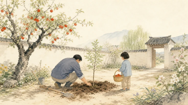 年长男子与孩子在果树下共同翻土种植