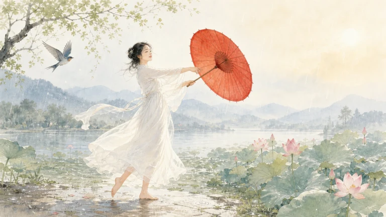 白衣女子手持红伞在荷花湖畔轻盈起舞