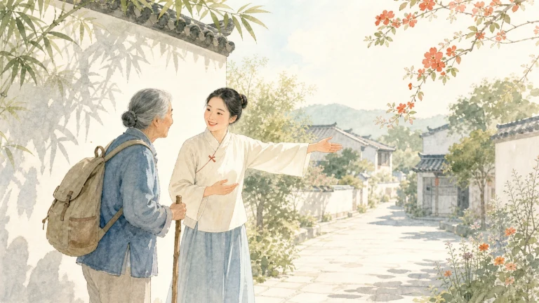 女子在水彩村巷为背包老人指引方向