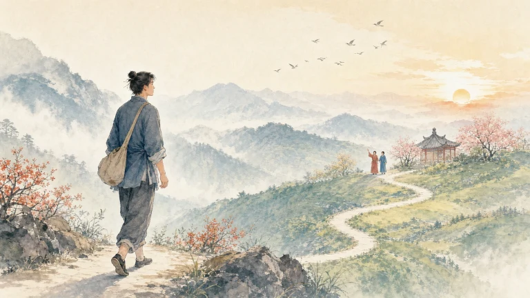 男子沿蜿蜒山路走向夕阳下的亭阁