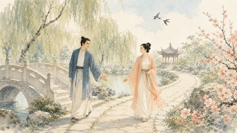 古装男女并肩走在垂柳花树环绕的石桥旁