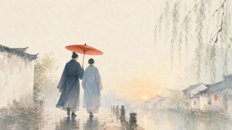 两人共撑红伞走在细雨中的水乡街道