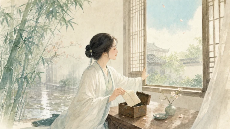 古装女子坐在竹影窗前的案台旁整理茶具