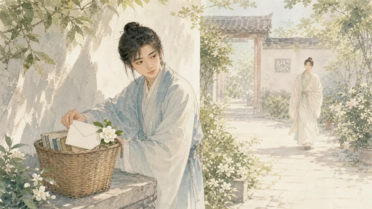 古装女子提着装满白花的篮子走过庭院
