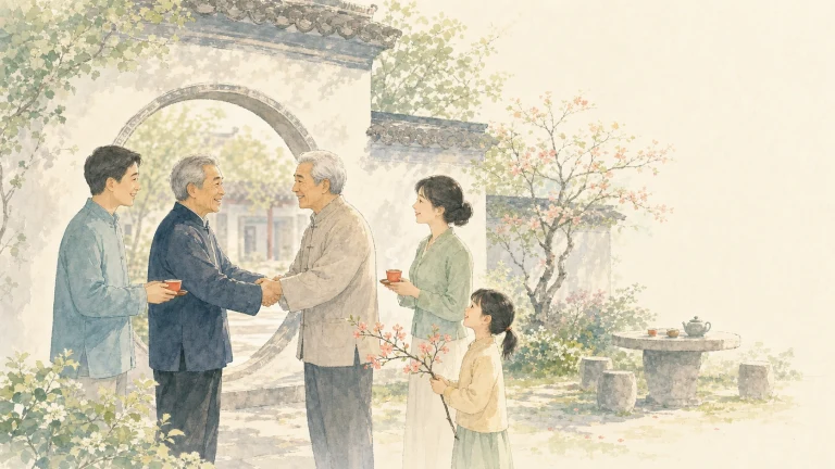一家人在水彩庭院拱门前握手相聚