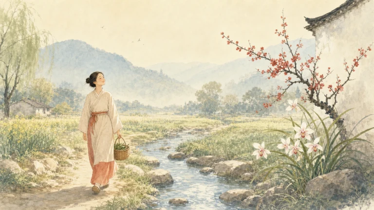 女子提篮沿春花溪流旁的水彩小路行走