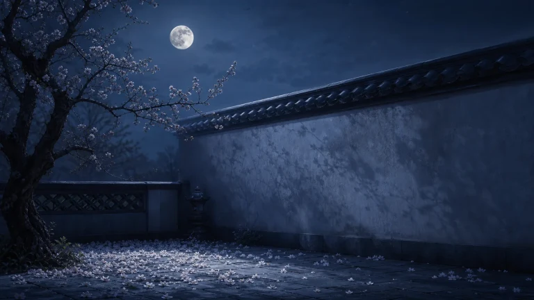 月光照亮落花满地的幽静中式庭院