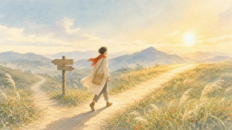 旅人背包走过夕阳麦野中的岔路指示牌