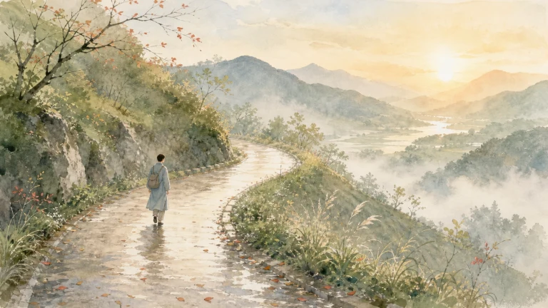 独行者沿水彩山腰小路走向晨光群峰