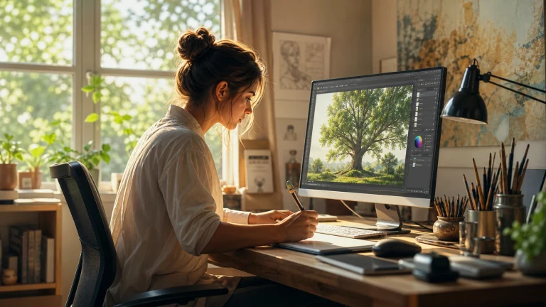 女子在阳光工作室用电脑编辑森林风景图