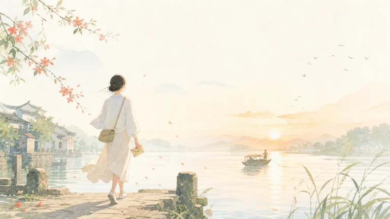 白衣女子提袋沿水彩水乡岸边走向夕阳