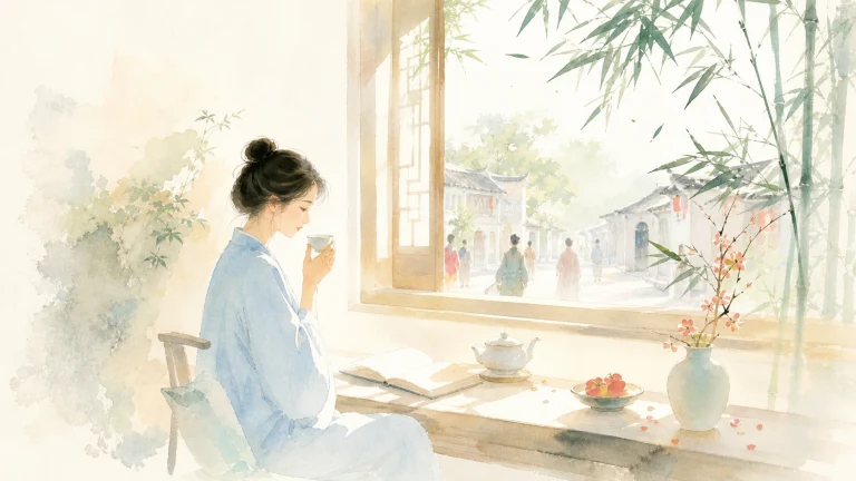 女子坐在竹影窗前的水彩茶桌旁静思