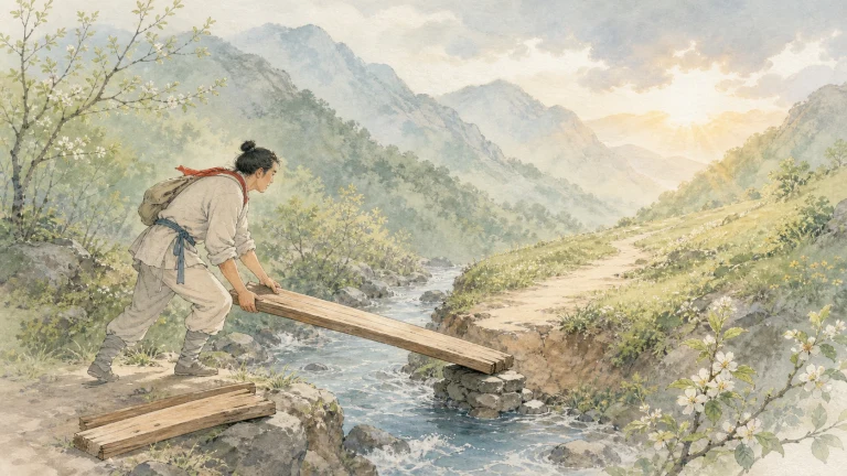 男子在水彩山溪上铺设木板便桥
