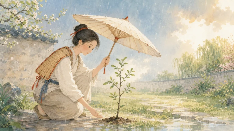 女子撑伞蹲在水彩庭院为新栽幼树培土