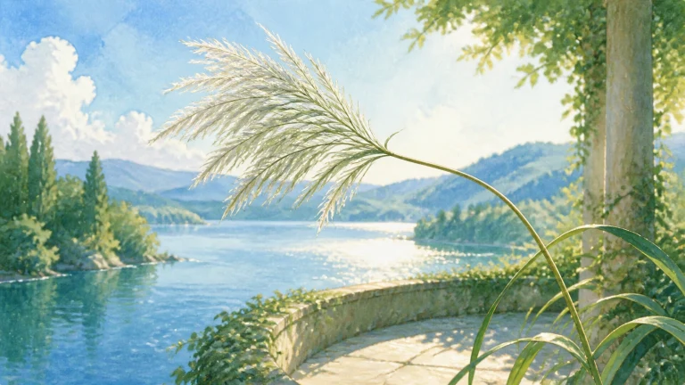 一束细长芦苇弯向阳光照耀的蓝色湖面