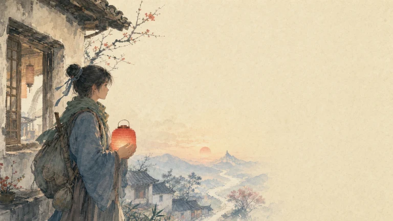 背包女子提红灯笼走向暮色中的山城