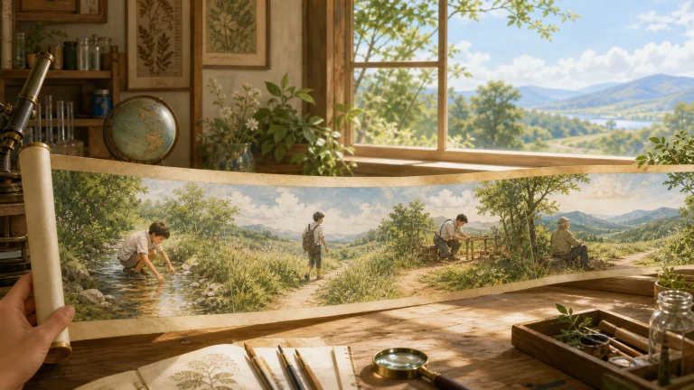 画笔在山景窗前绘制延伸到花园的长幅风景画