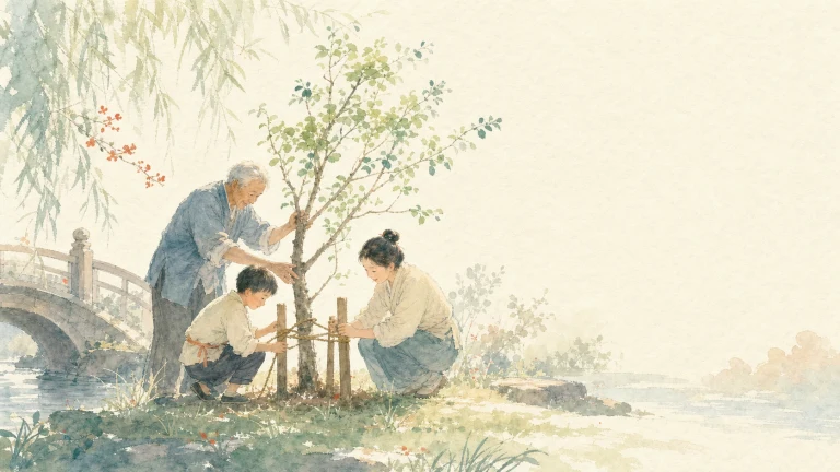 三人在水彩河岸共同栽种并扶稳一株幼树