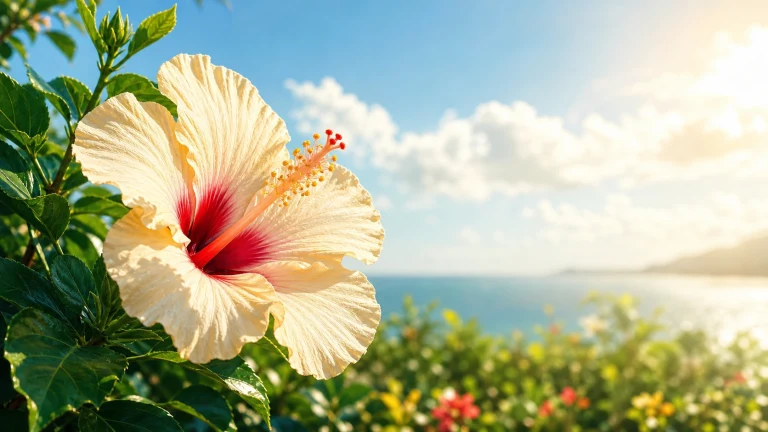 白红相间的木槿花在阳光海景前盛开
