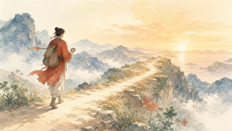 披红围巾的背包女子沿山脊走向日出