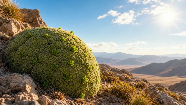 一团开着细小黄花的垫状植物生长在高山岩地