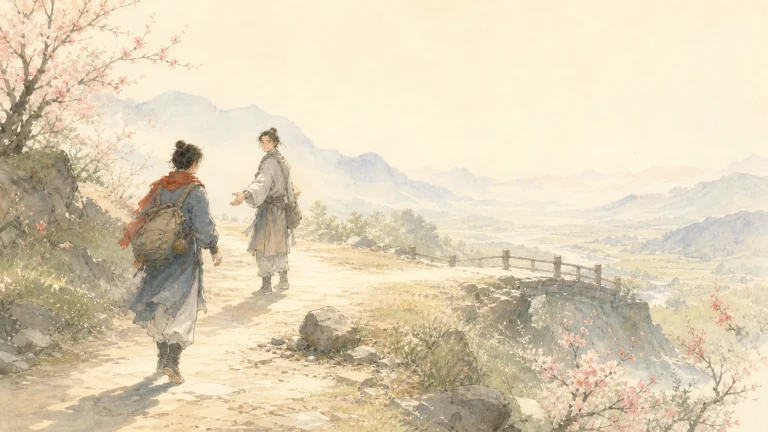 两名旅人沿水彩山野小路结伴前行