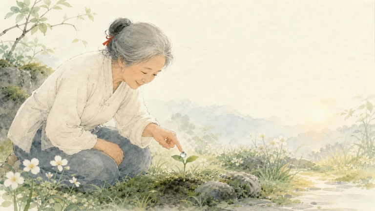 白发老人蹲在水彩花地照料一株幼苗