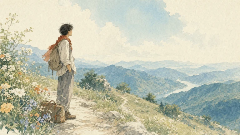 披红围巾的背包旅人站在群山观景小径