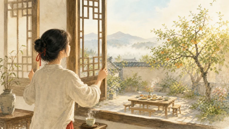 女子从水彩屋内推开木门望向阳光庭院与远山