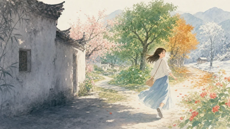女子轻快跑过春秋花树交映的水彩村巷