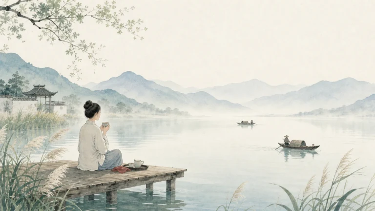 一人静坐水彩山湖木码头眺望远处小舟